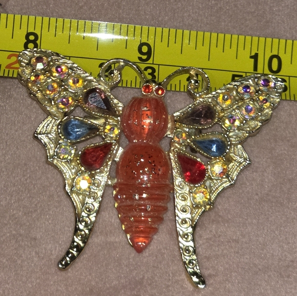 Jewelry - Vtg Butterfly Lucite Brooch Feather Spiderweb Wings Red Gold Tone AB Rhinestones